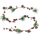 6.6FT Pine Cedar Garland with Pine Cones, Red Berry Bells - Christmas Decor for Mantle, Tree, Stairs, Railing, Door - Indoor/Outdoor