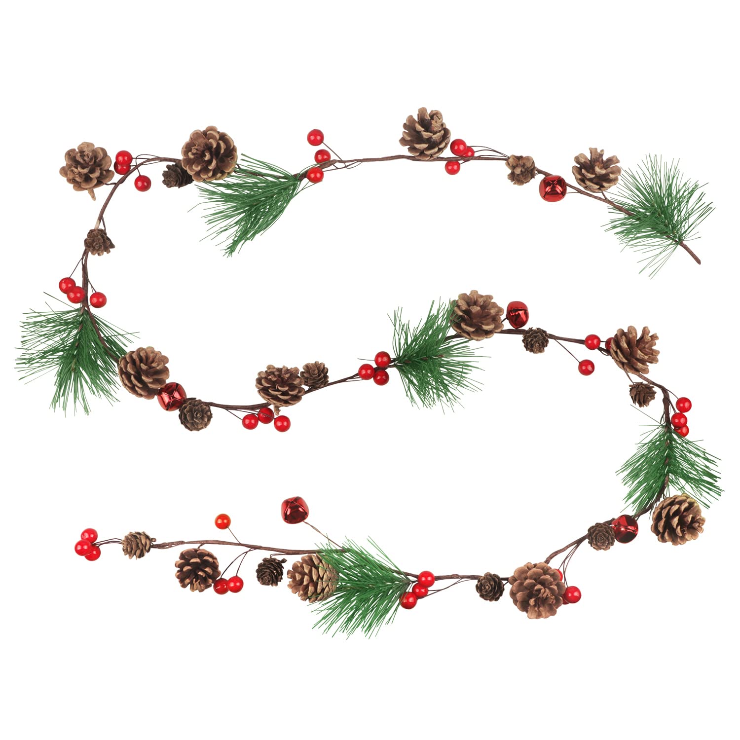 2M Christmas Garland Decorations with Pine Cones Red Bells and Red Berries, Rustic Christmas Garland for Tree Mantle Fireplace Banister Stairs Railing Door Decoration, Winter Indoor Outdoor Decor