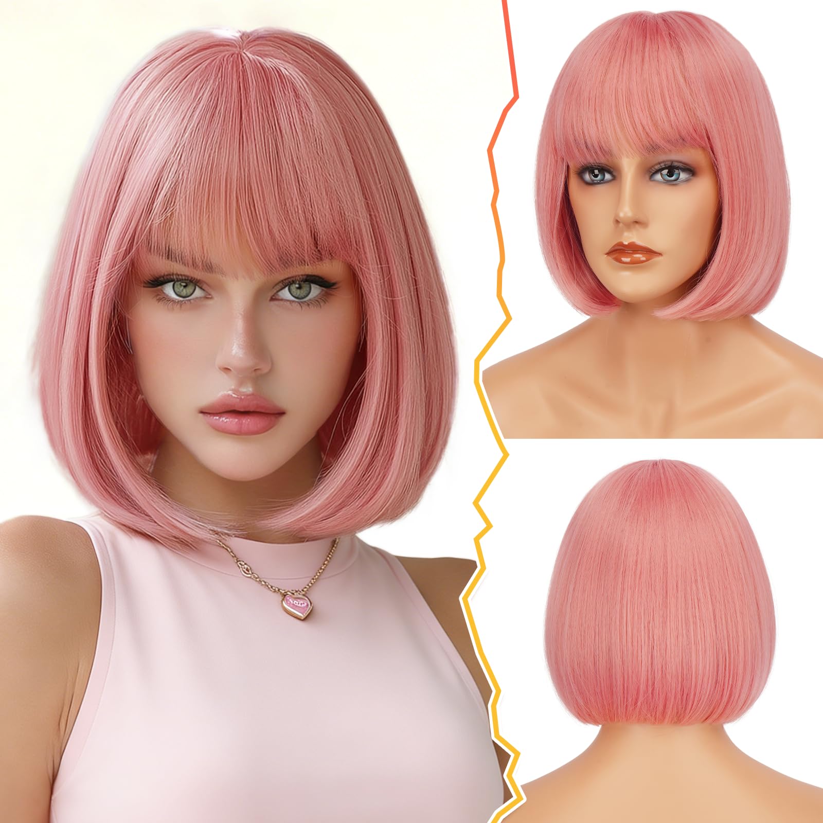 BARSDAR Pink Short Wig With Bangs, 12 Inch Short Pink Bob Wig Straight Bob With Bangs Wig for Women Girls Natural Looking Soft Heat Resistant Synthetic Wigs Daily Party Halloween- Pink