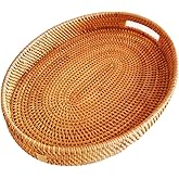 i-lan Oval Rattan X-Large Severing Tray for Fruit,Breakfast, Drinks,Food Storage Platters Plate Snack for Coffee Table, 15 Inch Woven Decorative Wicker Tray Basket with Handle and 2” Wall(XL-38cm)