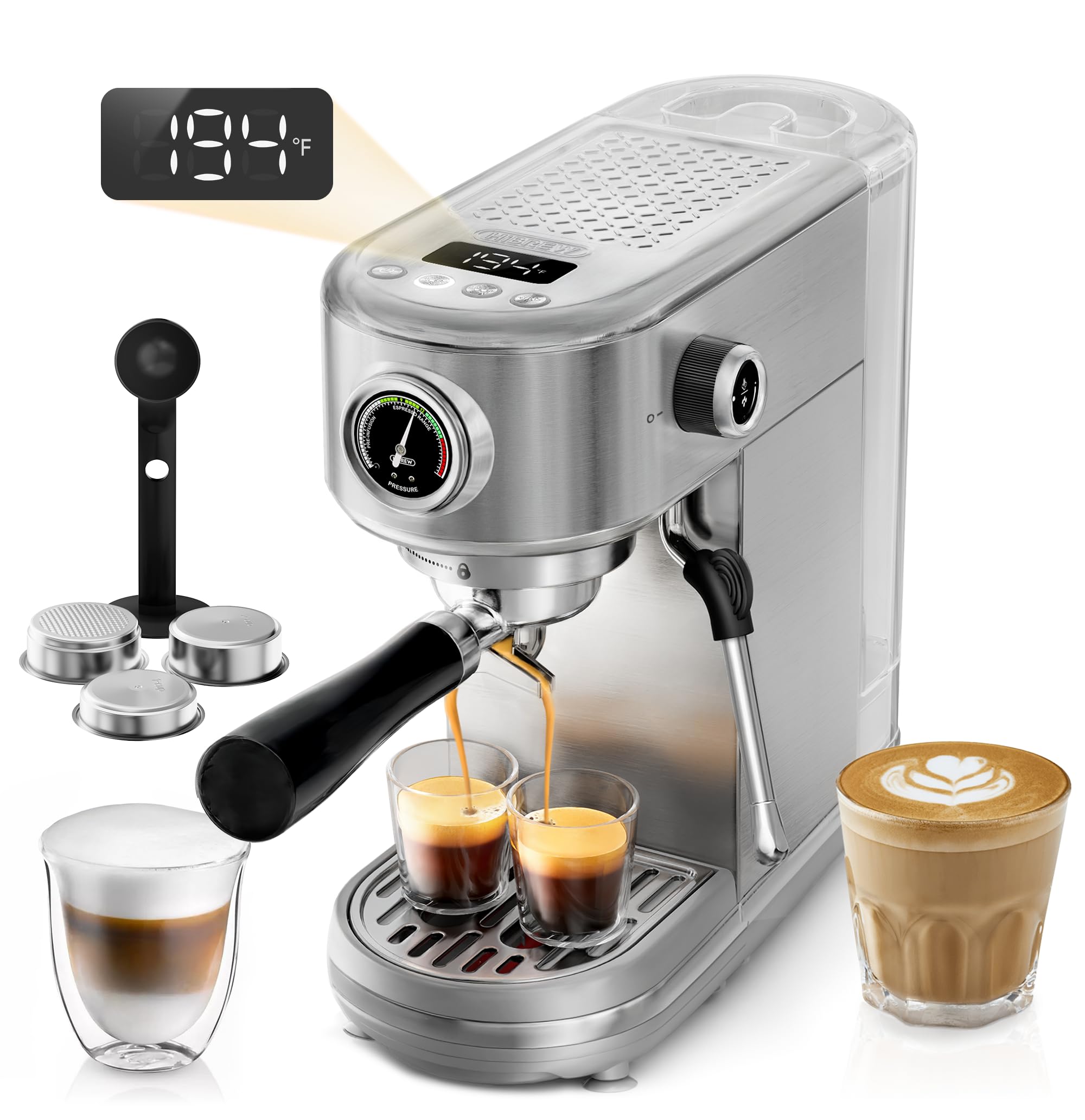 Photo 1 of HIBREW H10B - 51mm Espresso Machine - Temperature & Cup Volume Adjustable at will - With Intelligent Display Screen & Pressure Gauge - Stainless Steel Body (Stainless steel)