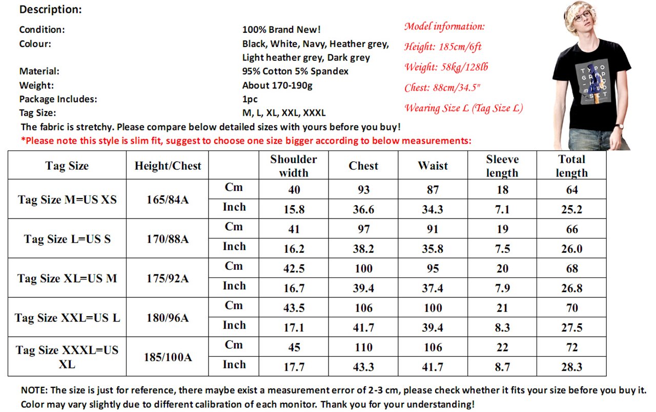 Faleto Casual Herren T-Shirt mit Print Mann Muster kurzarm T-Shirt Slim Fit Tops Sommer, Gr. M - 3XL(Schwarz, [Tag Size L]=EU S)