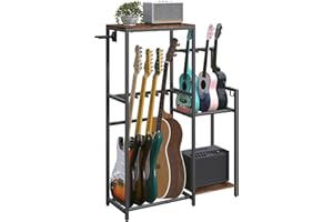 MAHANCRIS Guitar Stand, Multi-Guitar Rack, for Acoustic, Electric Guitar, Bass, Ukulele, Banjo, for 5 Guitars, Guitar AMP Stand, Record Rack, with Guitar Accessory Holder, EVA Cover, for Home Studio, Rustic Brown and Black GSHR8501