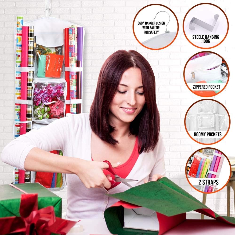 Clorso Hanging Gift Wrap Organizer: 40 Inch, Double Sided Wrapping Paper Storage Organizer - Extra Large and Easy To Use Clear Storage Bag with Hanging Hook, Labels, and Zippered Pockets - 8 Pockets: Home & Kitchen