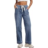 Metietila Pull-on Jeans for Women Straight Leg Elastic Waist Jeans Stretchy Loose High Waisted Denim Pants with Drawstring
