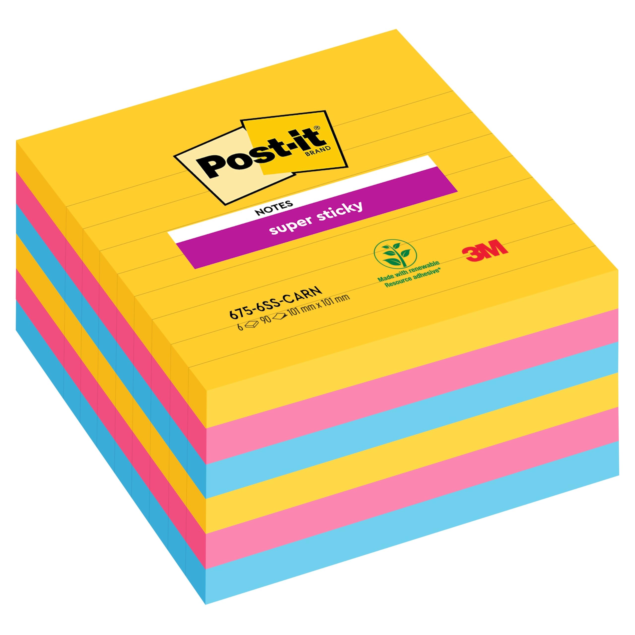 Post-it Super Sticky Notes, Lined, 540 Sheets, Pack of 6 Pads, 101 mm x 101 mm - Holds Strong to Many Surfaces - Bright Colours - for Walls, Monitors and Fridge, Recycable