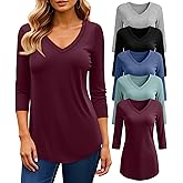 Ficerd 5 Pack Women's 3/4 Sleeve V Neck Tops Dressy Casual Fitted T Shirts Multipack Solid Basic Trendy Bulk Tees