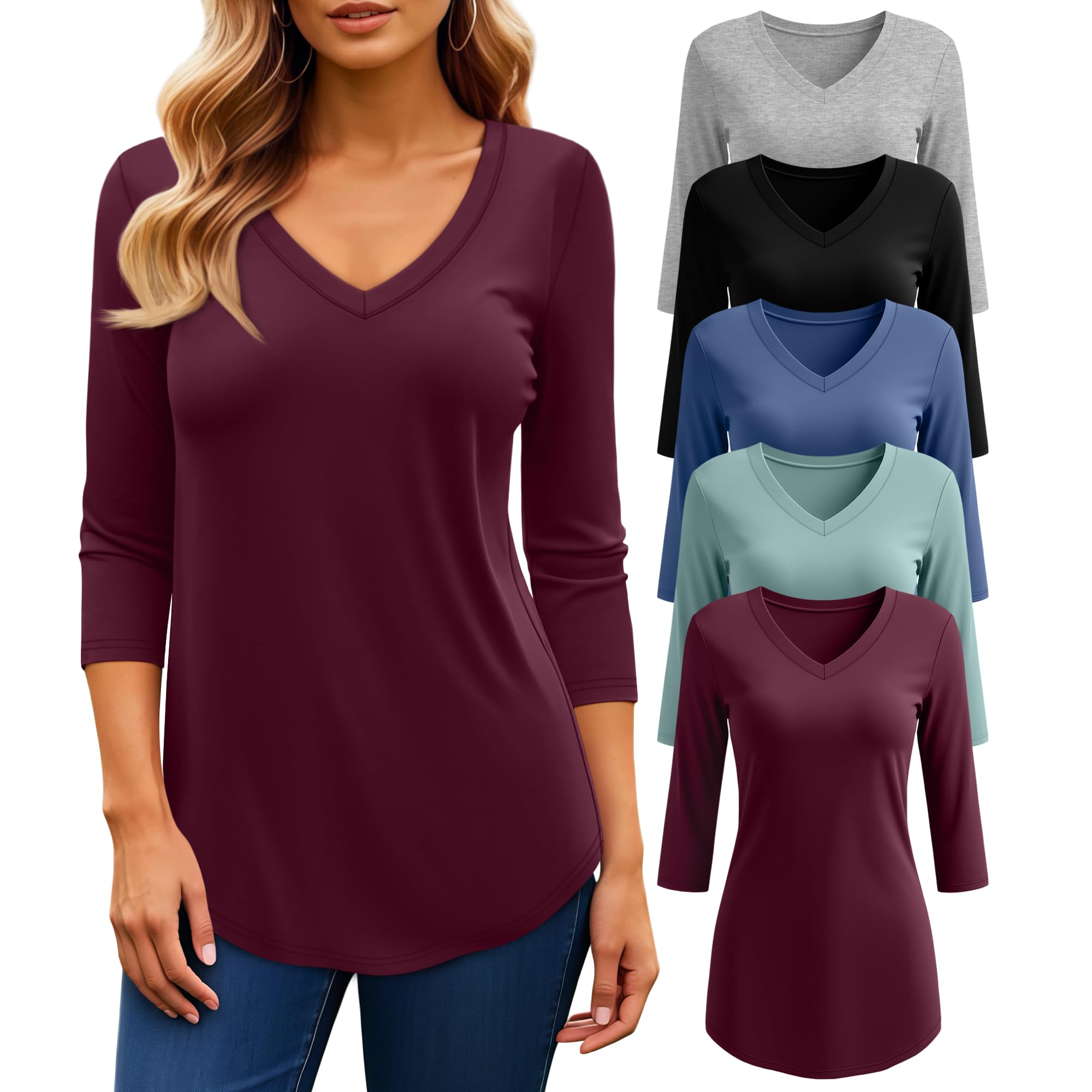 Photo 1 of Ficerd 5 Pack Women's 3/4 Sleeve V Neck Tops Dressy Casual Fitted T Shirts Multipack Solid Basic Trendy Bulk Tees(Black,Light Heather Gray,Burgundy,Gray Green,Denim Blue,X-Large)