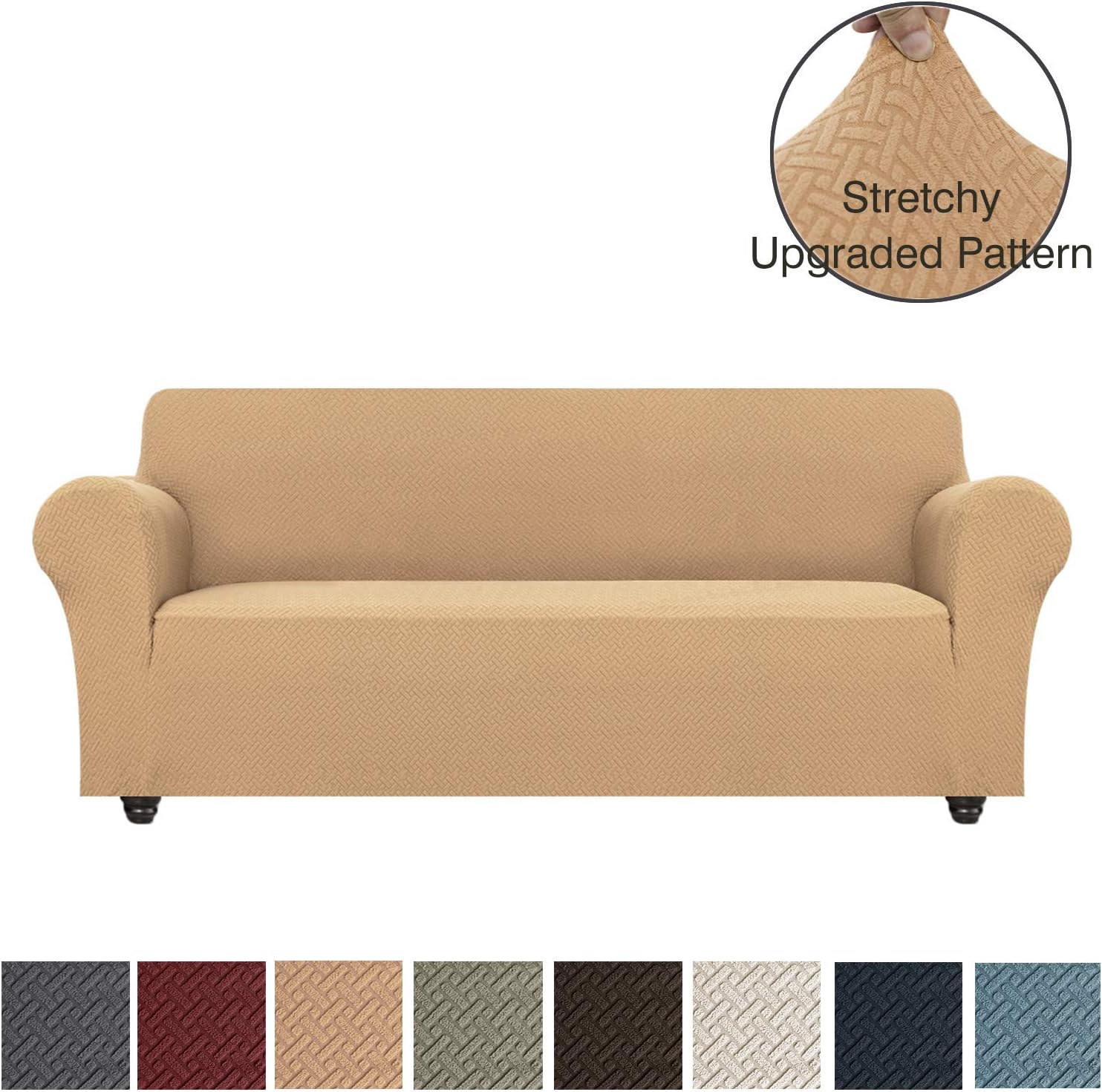 OBYTEX Stretch Sofa Cover 3 Seat Spandex Upgrade Pattern Couch Covers Dog Cat Pet Slipcovers Furniture Protectors，Machine Washable (Large, Taupe)