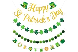 GERMISHUYS St Patricks Day Banner Decorations, Happy St Patrick's Day Banner Shamrock Clover Garland Banner Pom Pom Garland, St Patricks Day Decorations for Home Office Classroom