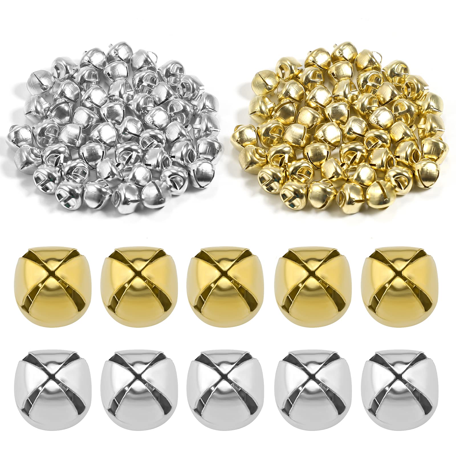 SAVITA 100pcs Christmas Jingle Bells, Small Metal Craft Bells for DIY Festival Home Christmas Decoration (50pcs Silver and 50pcs Gold, 0.5 inch)