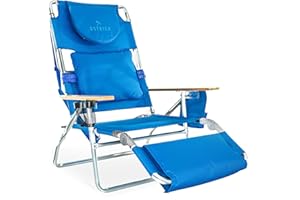 Ostrich Deluxe 3N1 Padded Beach Chair w/ Face Cushion & Arm Holes, Blue - Lightweight Folding Recliner w/ Adjustable Backrest & Footrest, Cup Holder, Side Utility Bag, 275 lb Weight Capacity