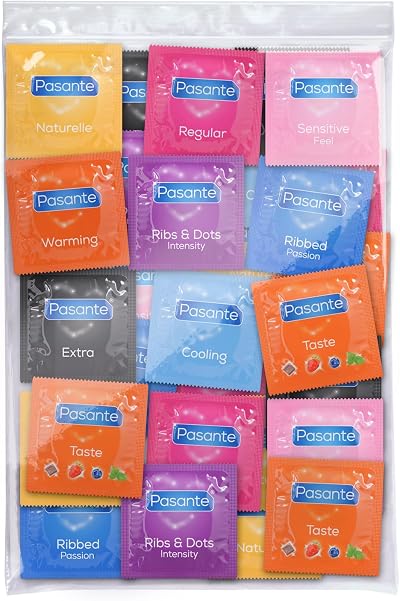 Pasante Condoms Variety Pack 50 – Mixed Flavoured, Ribbed, Thin, Extra