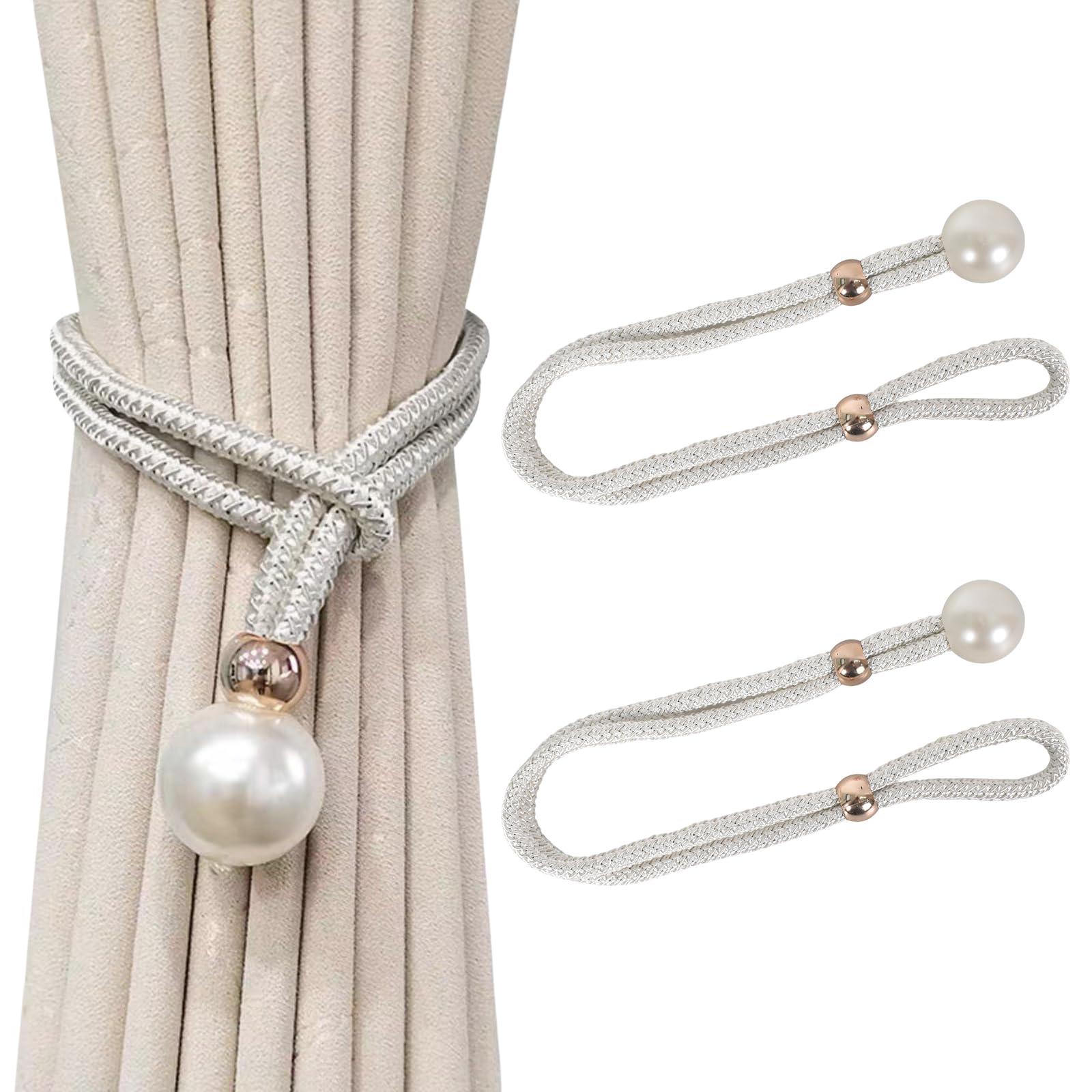 Homirty 2 Pieces Pearl Curtain Tiebacks, Adjustable Curtains Holdbacks Rope, Outdoor Curtain Rope Tiebacks Holder, Decorative Curtains Ties for Drapes, Adjustable Drapery Ropes, White