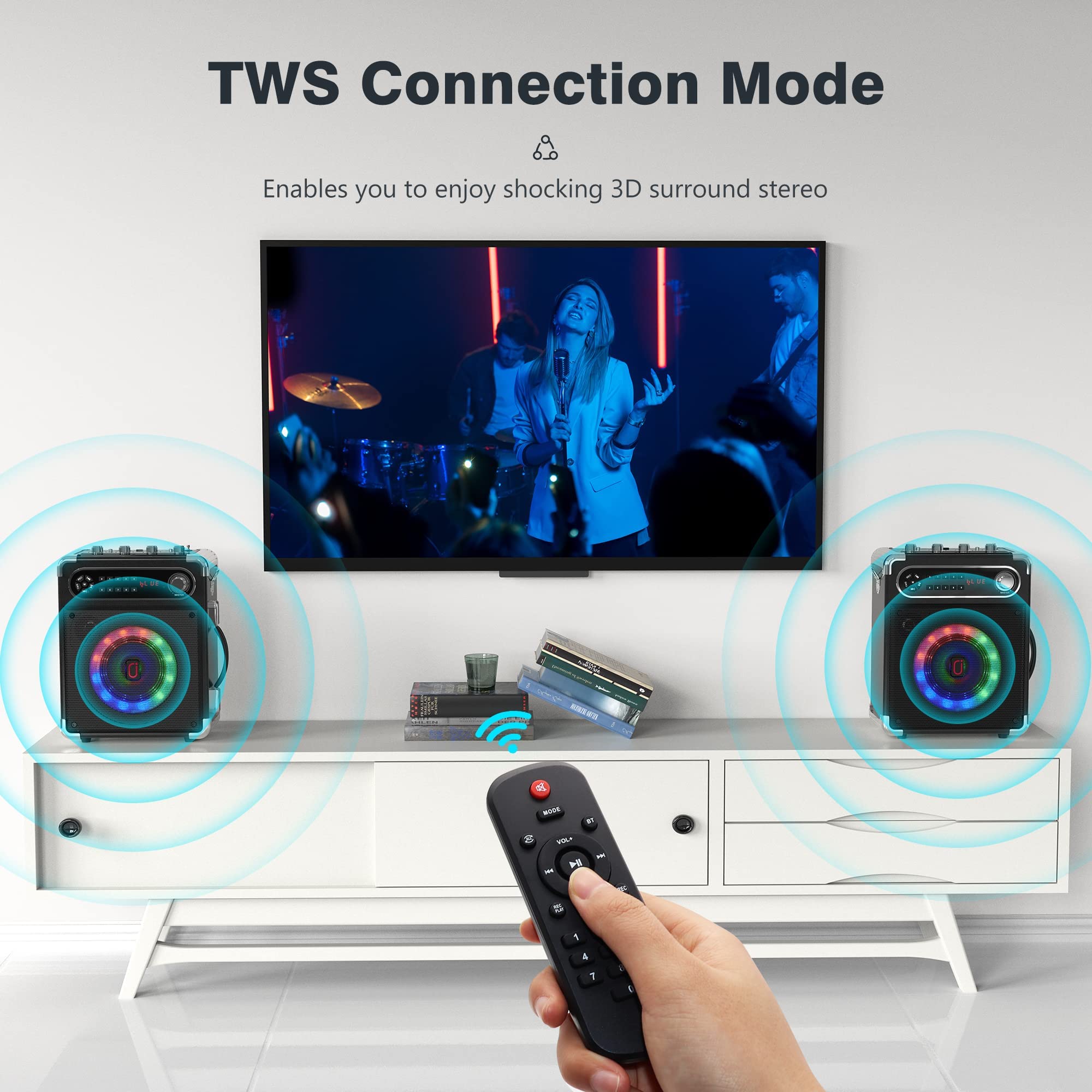 JYX Karaoke Machine with 2 Wireless Microphones, Bluetooth Speaker PA System for Adults and Kids with LED Light, 5200mAh Battery, Supports TWS/REC/FM/AUX in/USB/TF for Christmas Party, Wedding
