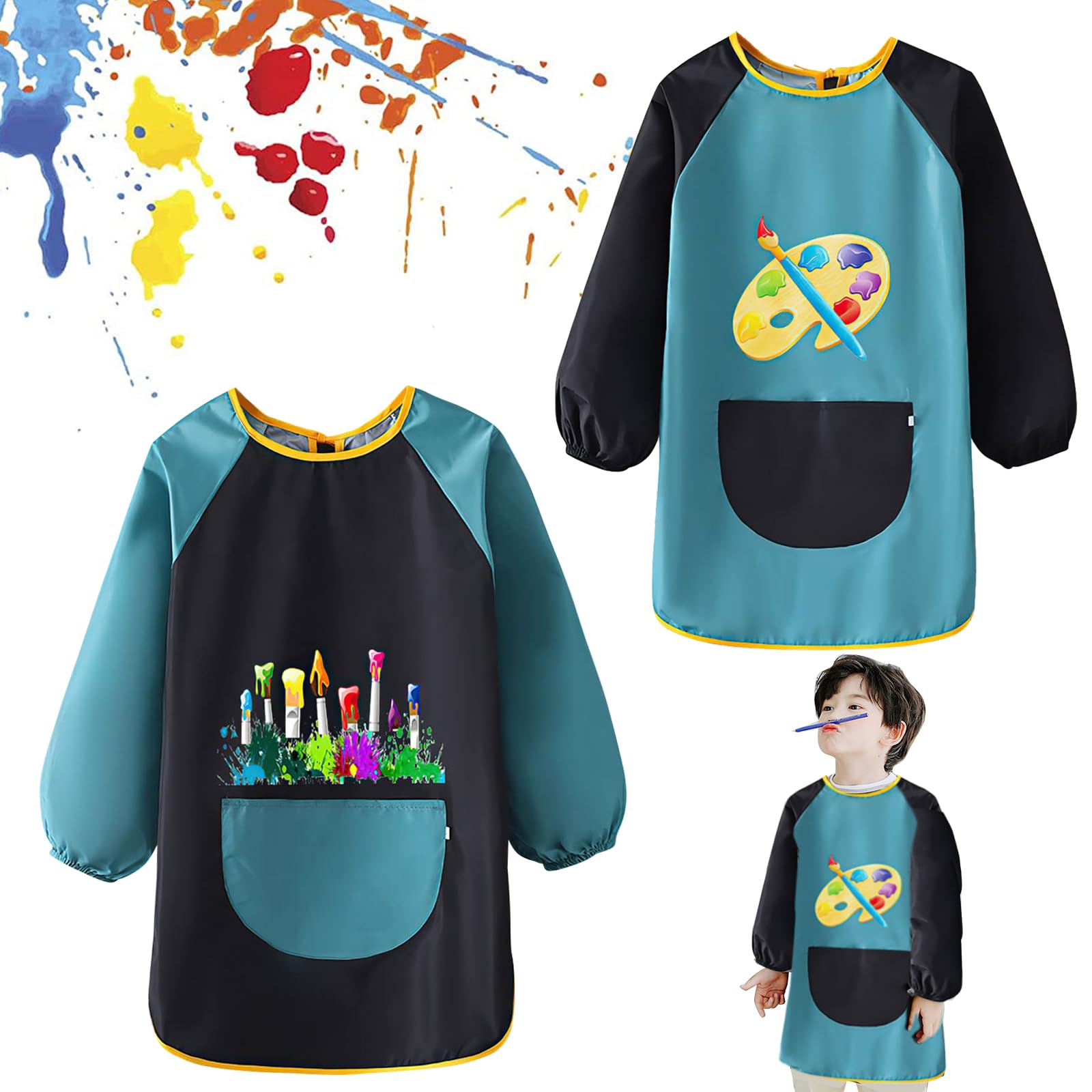 Funmo Painting Apron, 2 Pieces Art Aprons, Painting Coat for School, Waterproof for 6-12 Years Girls/Boy, Craft Apron for Painting (Green)