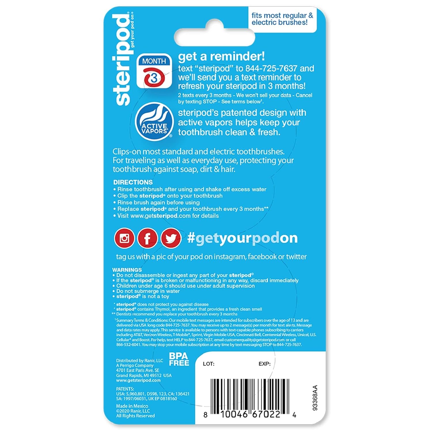 Steripod Clip-On Toothbrush Protector, Blue, Green, Red, Orange, 4 Count: Beauty