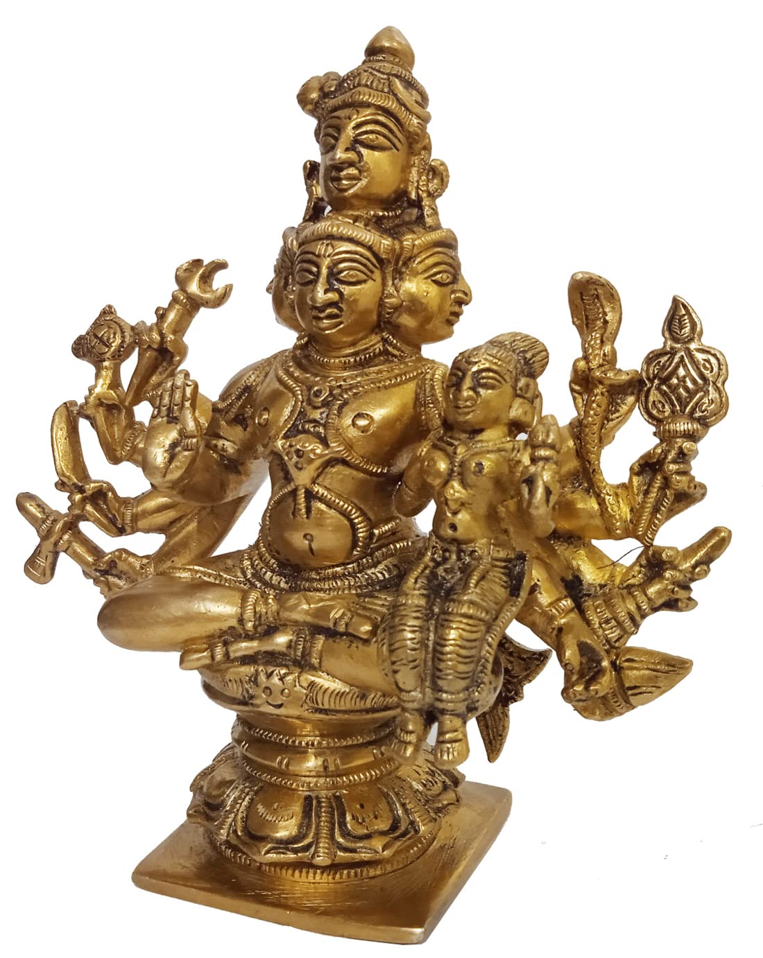Purpledip Brass Idol Panchmukhi Shiva With Parvati: Rare Collectible Stature Lord Siva (12416)