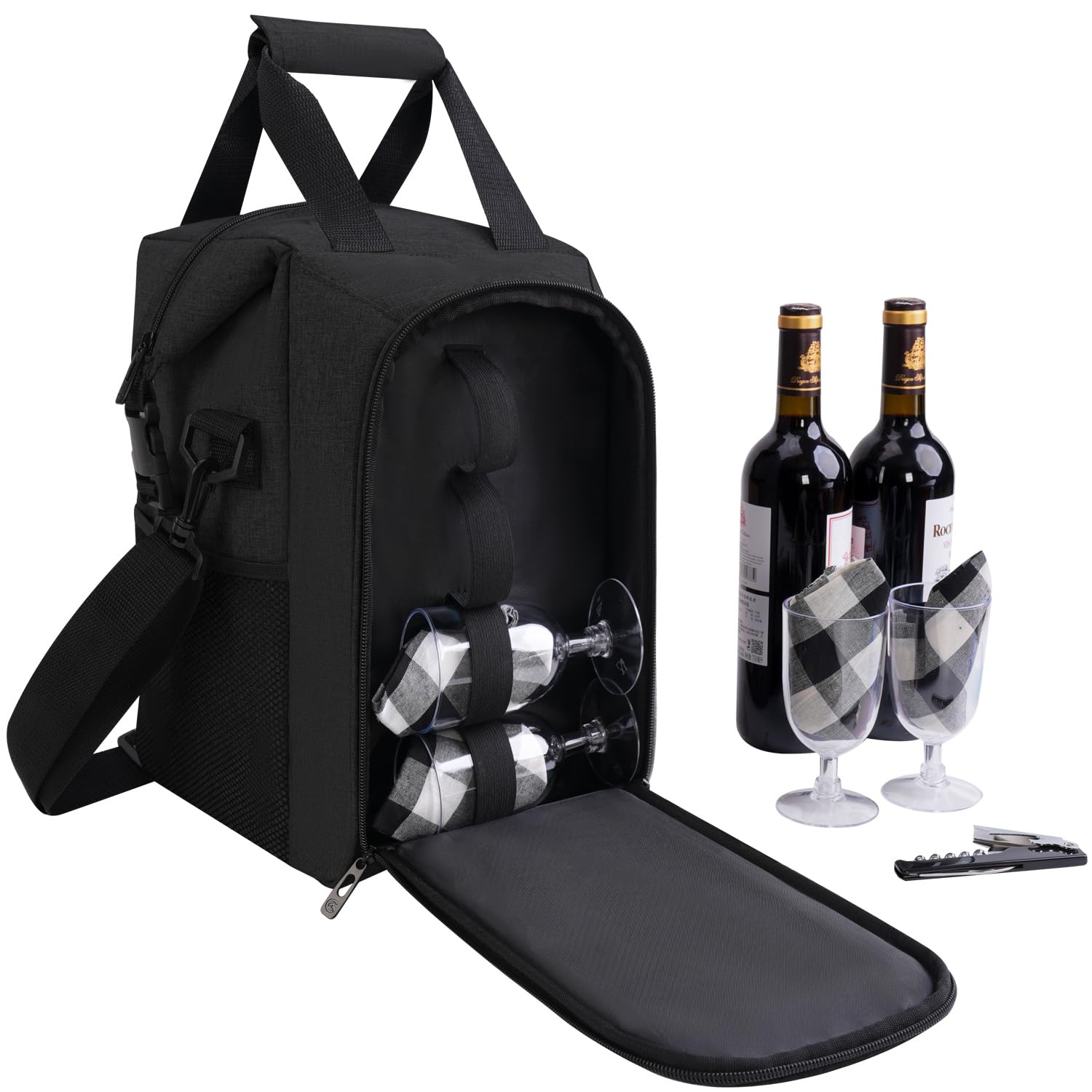 Photo 1 of ALLCAMP 4 Bottle Wine Gift Bag - Insulated Tote Cooler, Adjustable Strap, Includes 4 Wine Glasses, Napkins & Corkscrew, Portable Travel Gifting (Black)