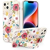 Jefonha Case for iPhone 14 Plus Silicone Phone Case with Strap for Women Girls Cute Floral Flowers Pattern, Adjustable Soft Finger Strap Kickstand Protective Cover, Blossom