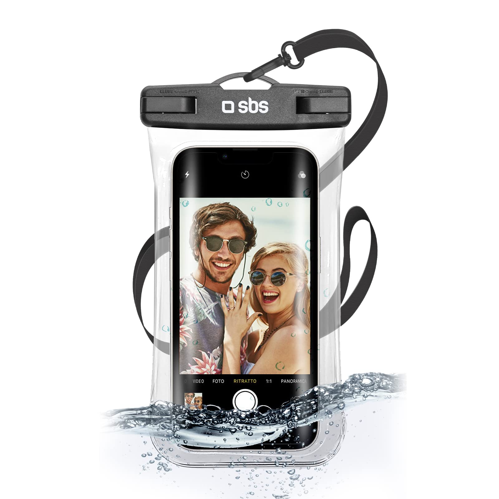 SBS Cover impermeabile IPX8 per cellulari Android e iPhone fino a 6,8" con finestra touch, impugnatura per selfie, laccio da collo, chiusura ermetica water resistant per brevi immesioni, nera