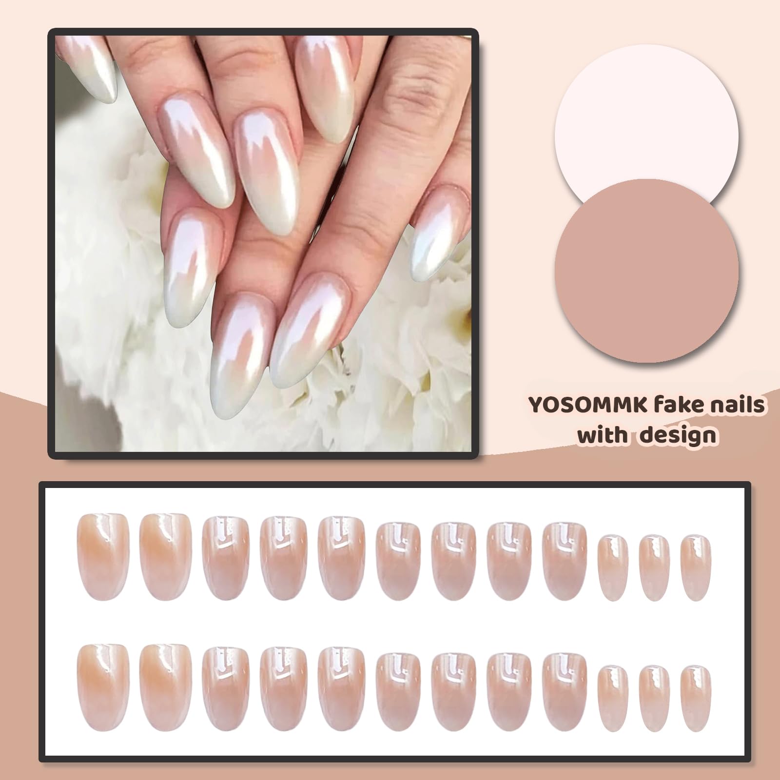 YOSOMMK Chrome Fake Nails Almond Medium Press on Nails with Mirror Designs Glossy Ombre Nude False Nails Stick on Acrylic Nails for Women - Image 4