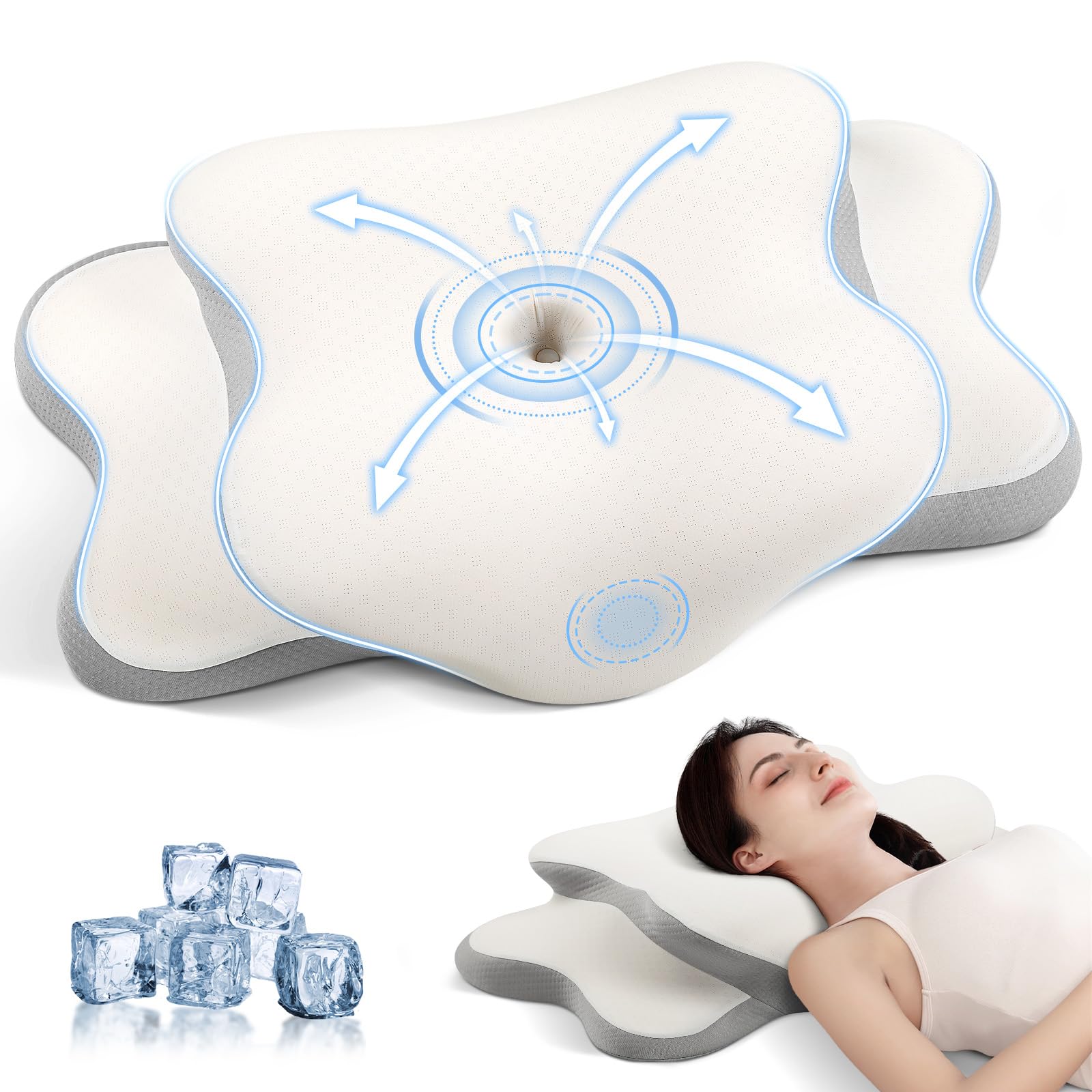 JINXIA Cervical Memory Foam Pillow, Ergonomic Pillow for Neck and Shoulder Pain Relief, Orthopedic Neck Support Pillow for Side/Supine/Prone Sleepers with Removable Cover, Light White and Gray