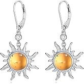 KZX Sun Earrings for Women S925 Sterling Silver Amber/Lapis Lazuli/Malachite/LabradoriteSun Dangle Drop Jewelry Gift for Mother Wife