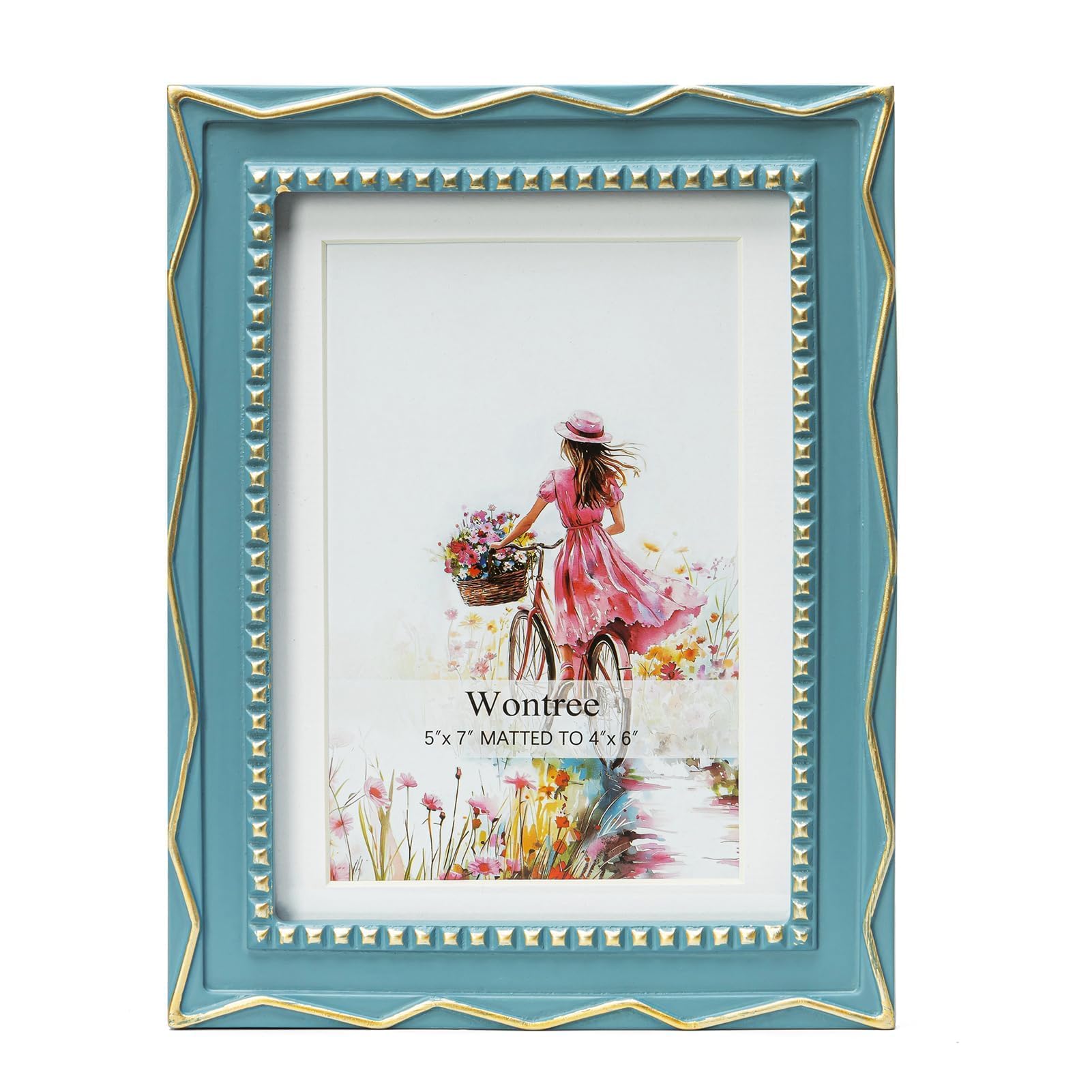 Photo 1 of Wontree 5x7 Picture Frame, Gold Beads & Swirls Against Muted Blue, Resin Frame with Real Glass, Display 5x7 Photos Matted to 4x6, Vertical and Horizontal Desk Tabletop or Wall Hanging