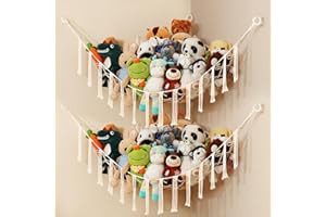 iKeelo 2 Pack Stuffed Animal Hammocks, Macrame Toy Storage Net for Plush Toys, Corner Nursery Hanging Organizer for Kids Bedroom and Playroom