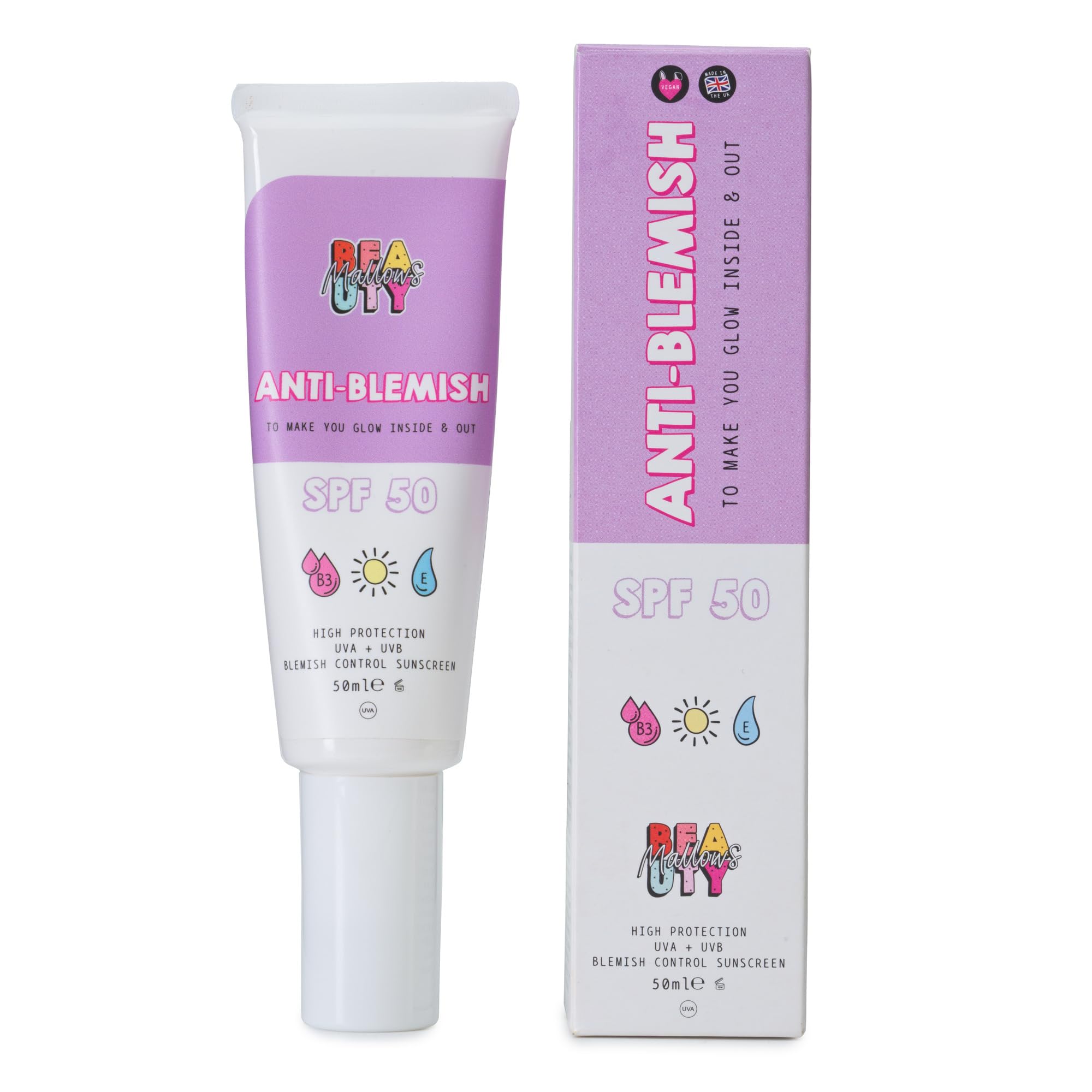 Mallows Beauty Anti-Blemish Sunscreen SPF50, Lightweight Face Sunscreen, No White Cast, Made in the UK, 50ml