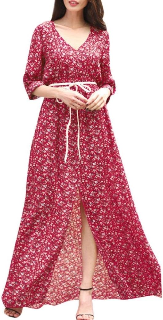 Perman Ladies Boho Long Sleeve Maxi Floral Printing Evening Party Dress with Belt for Women