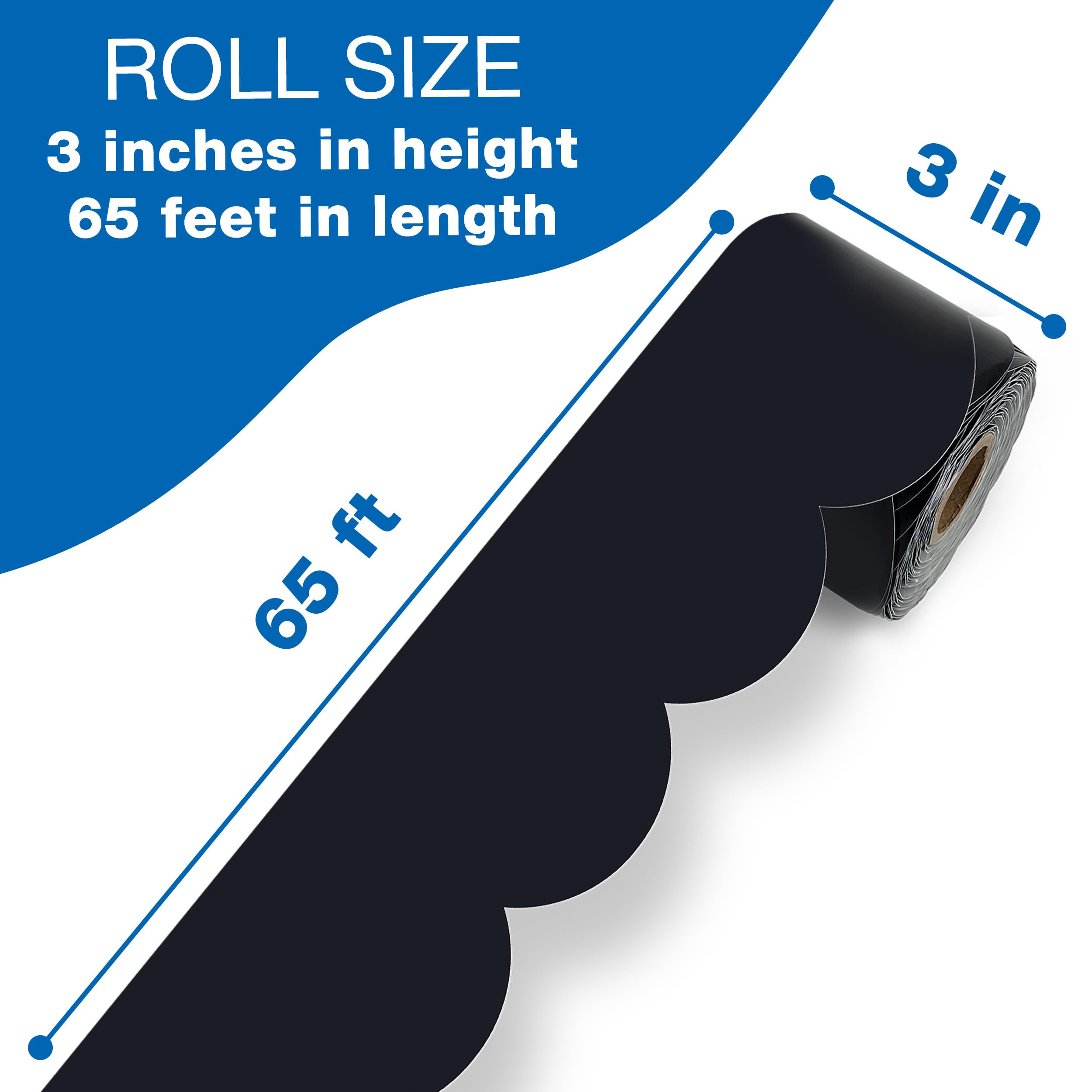 Carson Dellosa Education 65Ft of Black Bulletin Board Borders, 1 Roll of Scalloped Trim for Rolling Whiteboard, Cork and Posterboard, Party, Office Decorations, and Classroom Decor