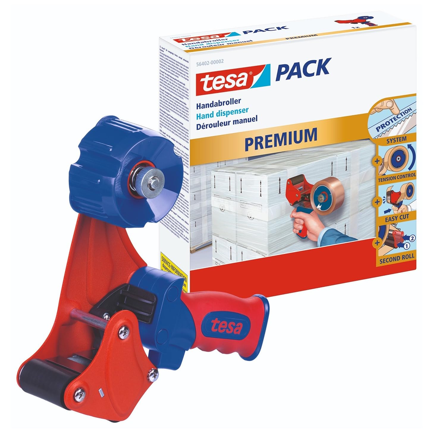 tesa Premium Hand Dispenser - Professional Tape Dispenser for Unwinding Adhesive Packaging Tapes - for Tapes up to 50 mm Wide - Suitable for Industrial Use