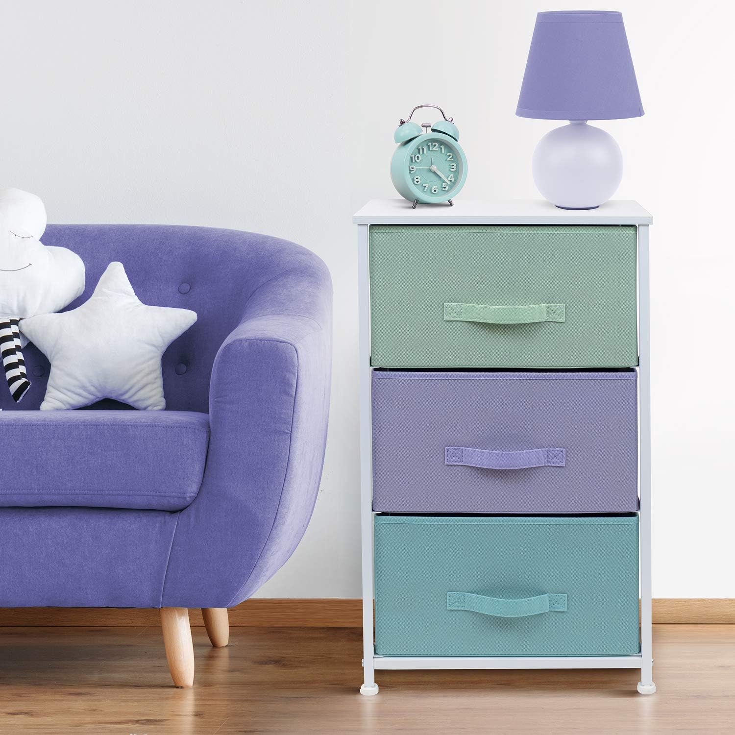 Sorbus Nightstand with 3 Drawers - Bedside Furniture & Night Stand End Table Dresser for Home, Bedroom Accessories, Office, College Dorm, Steel Frame, Wood Top (3-Drawer, Pastel/White): Kitchen & Dining
