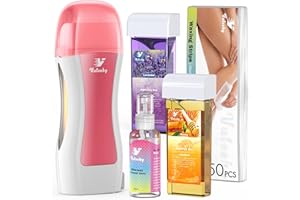 Vuteehy Roll on Wax Kit, Roll on Waxing Kit for Women, Waxing Kit at Home, Wax Roller Kit for All Skin Types Body Hair Removal, Sensitive Skin, Unisex, with 2 Soft Cartridges & 50 Pcs Strips