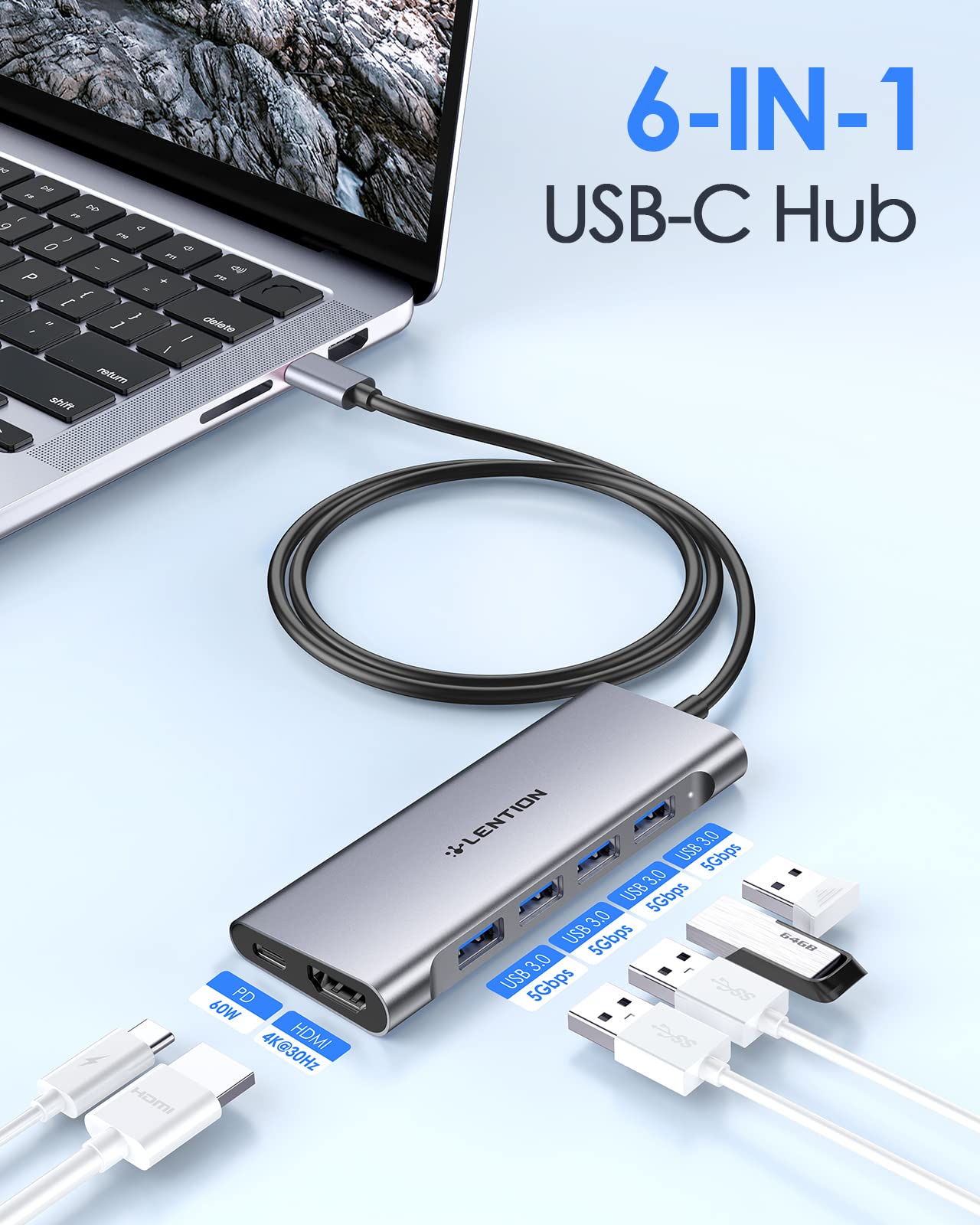 LENTION 3.3FT Long Cable USB C Multiport Hub with 4K HDMI, 4 USB 3.0, Type C Charging Compatible 2024-2016 MacBook Pro, New Mac Air/iMac/Mac Mini, More, Stable Driver Adapter (C35-1M, Space Gray)