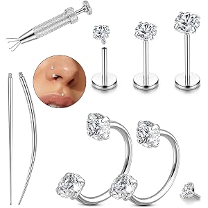 18G Horseshoe Nose Rings for Women Internally Threaded Flat Back Earrings | Labret Stud Hypoallergenic Surgical Steel Double