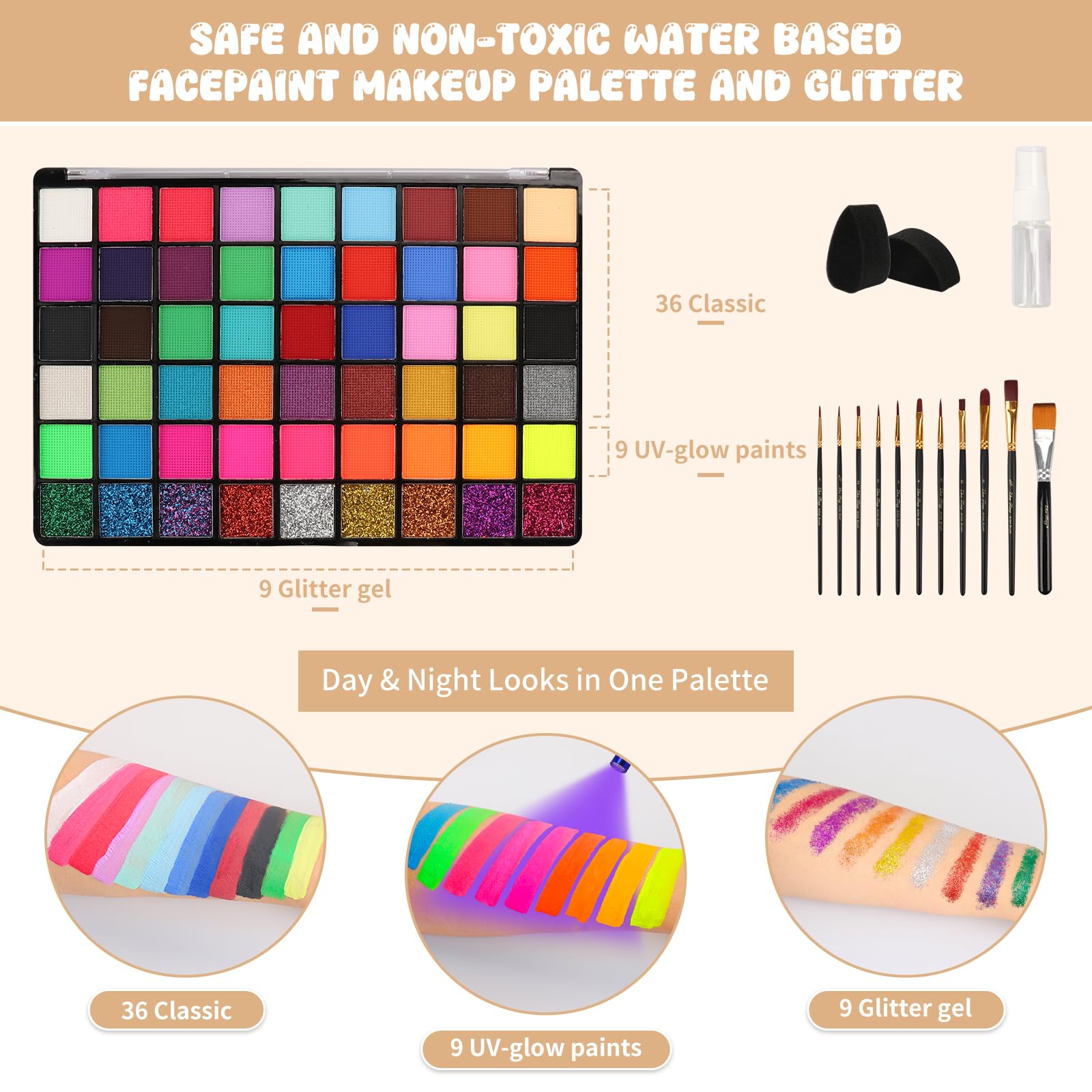 Pintada 54 Color Face Painting Kit for Kids - Non Toxic Water Activated Face Paint Palette with Stencils, Brushes, Gems & Book. For Halloween, Carnival, Party; Costume Makeup for Creative Activities