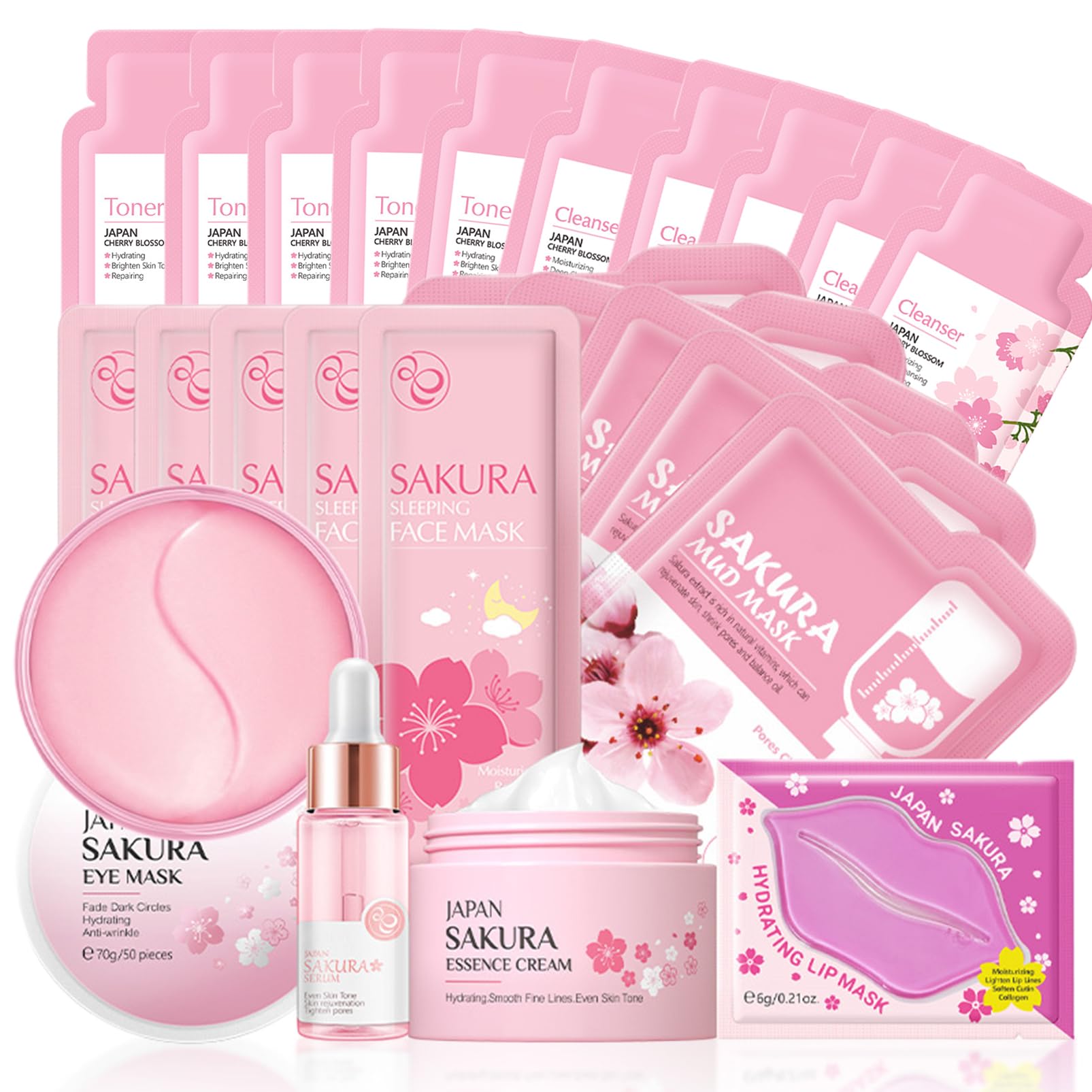 Sakura Skin Care Sets & Kits, Women Pamper Set, Valentine's Day Gifts For Loved, Skincare Set for Women Gifts, Cleanser,Toner,Serum,Cream,Sleep Mask,Eye Mask,Mud Mask,Lip Mask(24PCS)