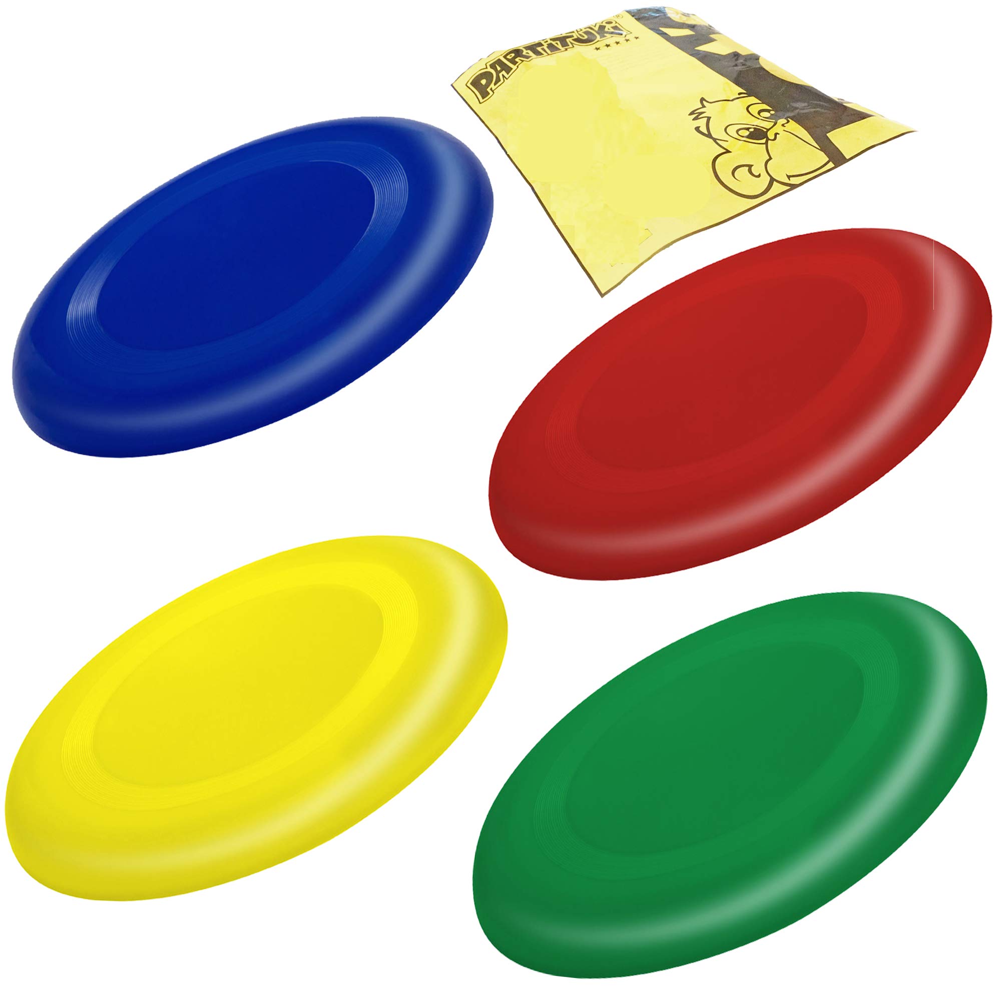 Partituki Pack of 4 Flying Discs for Children Very Easy to Hold - Much Safer Than Standard Frisbees - Flying Rings Colors: Blue, Red, Green and Yellow.