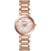 Bulova Ladies' Modern Millenia Diamond Dial Rose Gold Stainless Steel 3-Hand Quartz Watch, Gold Mother-of-Pearl Dial, Edge to Edge Crystal Style: 97P132