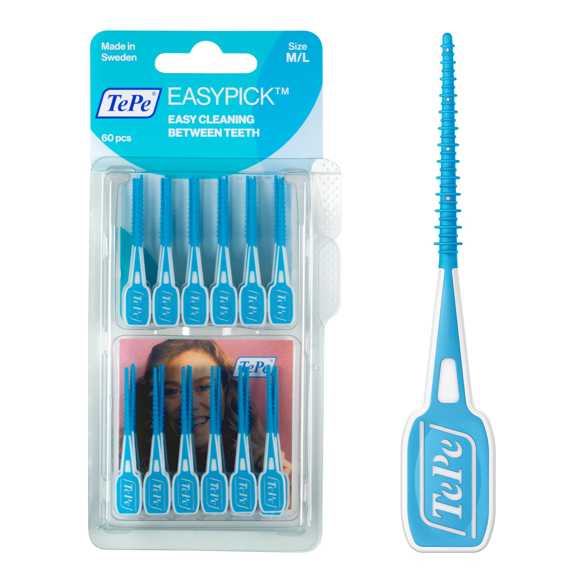 TePe EasyPick Toothpicks, Blue, ISO M-L, 60pcs, Dental Plaque Removal Tool, efficient and Easy Cleaning Between The Teeth, toothpicks for Small Gaps