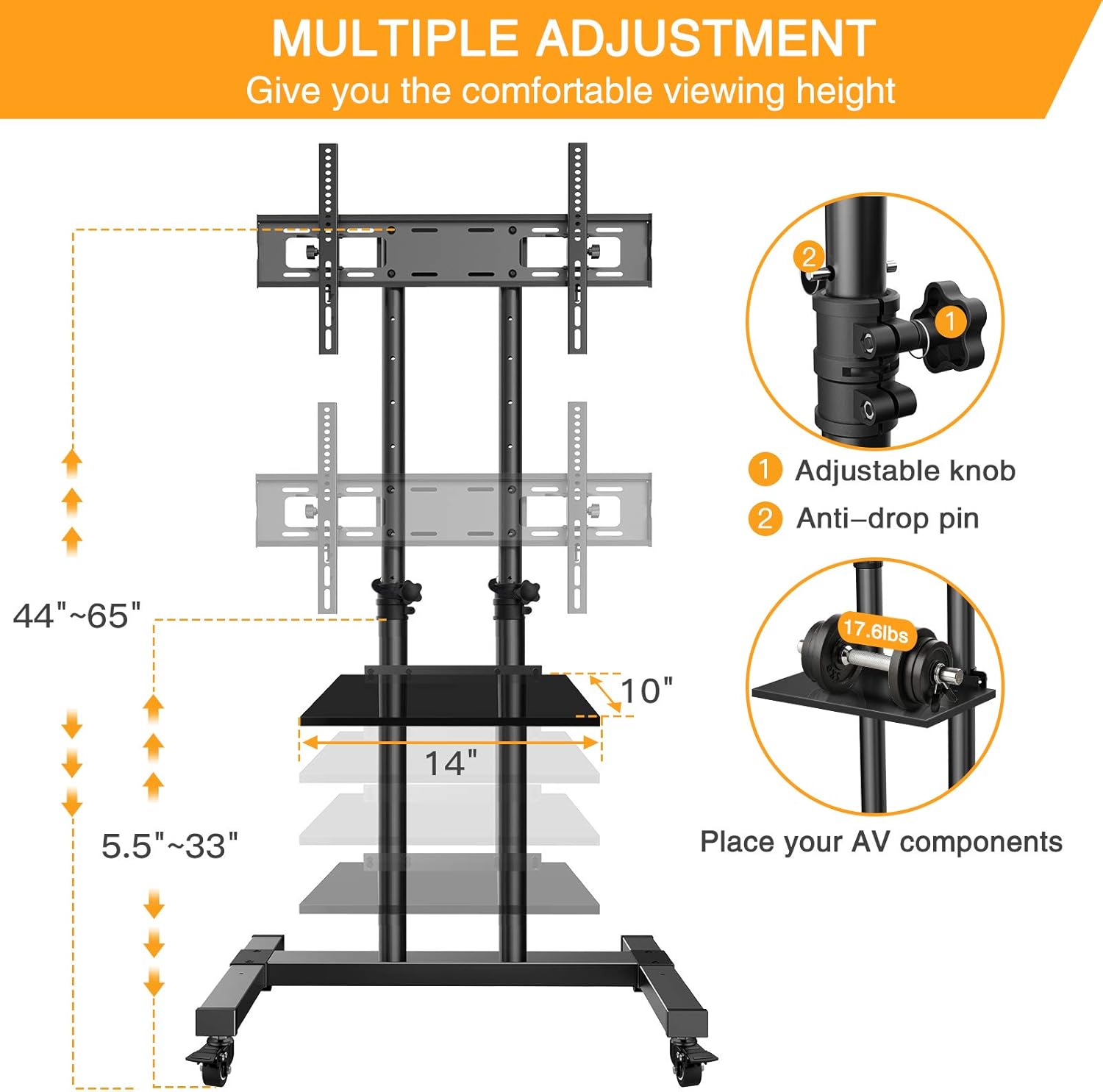 Mobile TV Stand with Wheels for 32-60 Inch LED Flat/Curved Panel Screen TVs Tilting TV Cart Height Adjustable Max VESA 600×400mm Rolling Floor Trolley Stand w/Shelf Supports TV up to 99lbs - PGTVMC03: Electronics