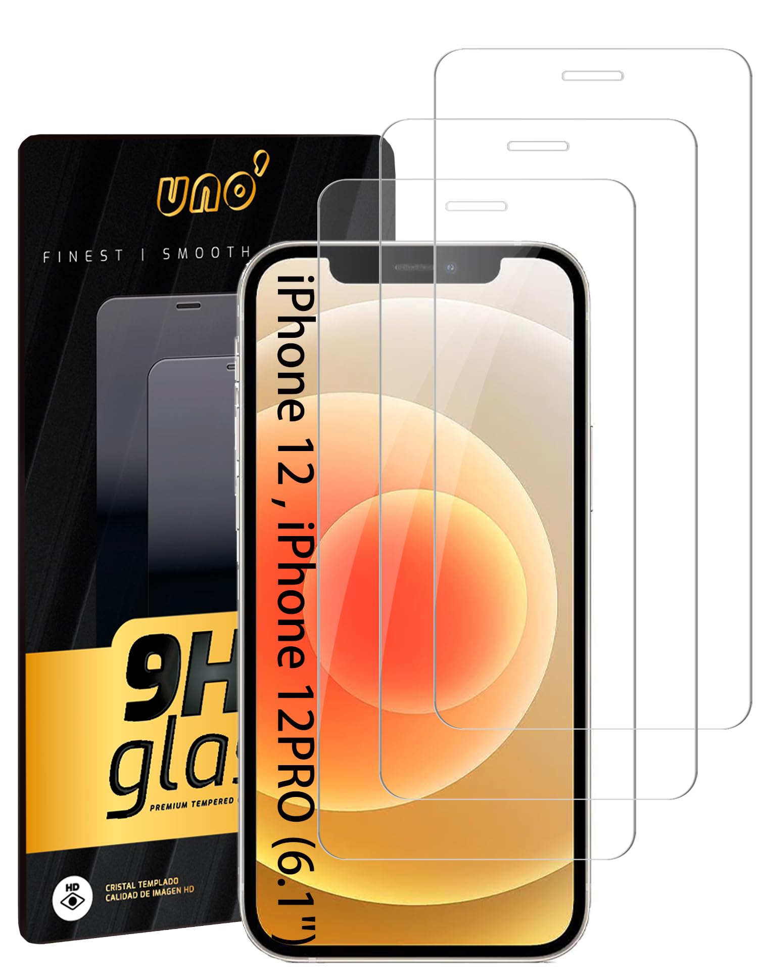 UNO' 3 Pack Screen Protector for iPhone 12/12 Pro (6.1"). Anti-fingerprint, Scratch-resistant, Surface hardness 9H, Bubble-free, Ultra durable, Ultra transparent.