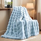 H&D Faux Fur Throw Blanket for Couch,Fluffy Cozy Soft Plush Luxury Thick Fuzzy Fleece Blanket for Couch Bed Sofa Bedroom Living Room,Comfy Bubble Blanket (LIGHTBLUE, Throw (50" x 60"))