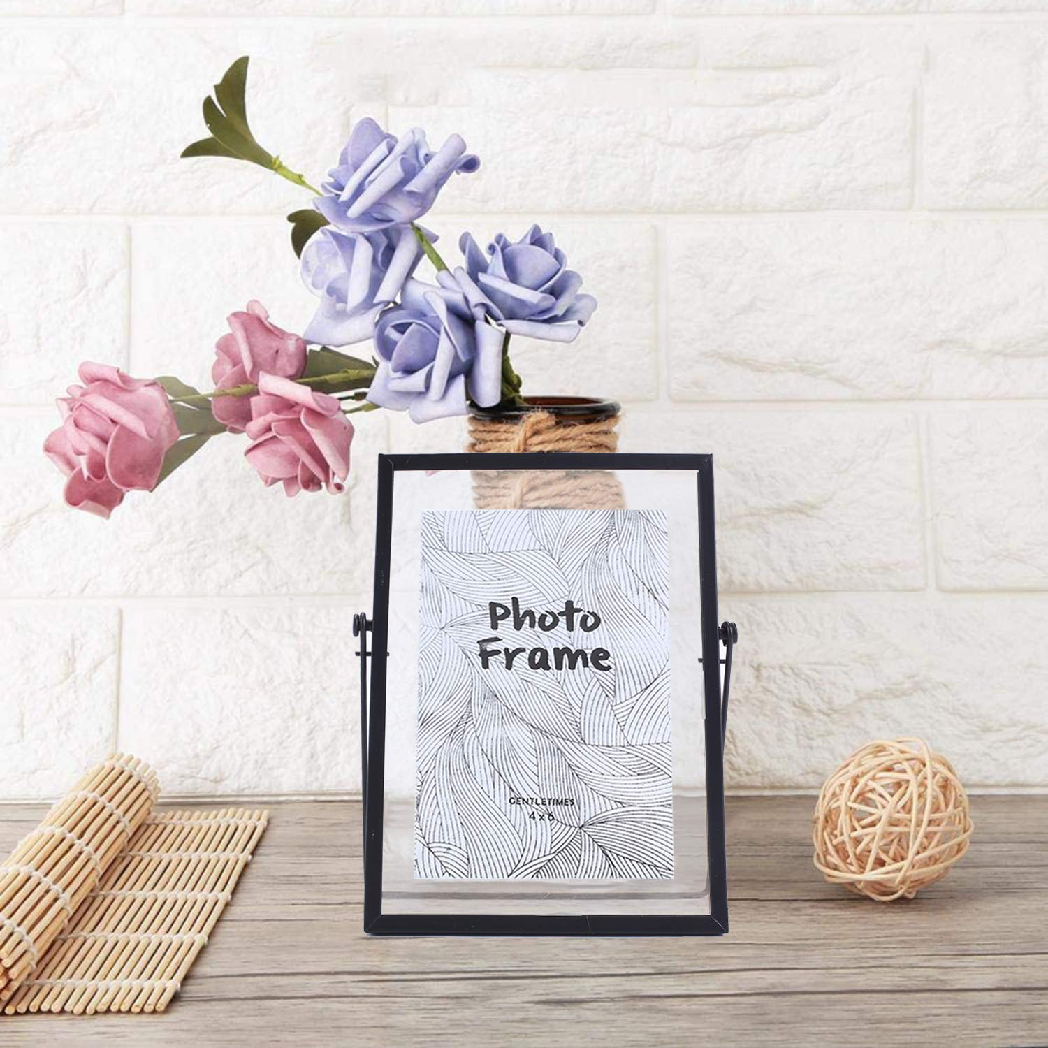 aleawol Black Vintage Picture Glass Photo Frame, Metal Geometric Picture Frame Rectangle Desk Vertical Floating 4x6” with Stand Photo Display for Table Top Decoration