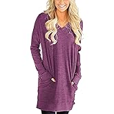 LERUCCI Womens Casual Long Sleeves Solid V-Neck Tunics Tops with Pockets Wine Red Medium