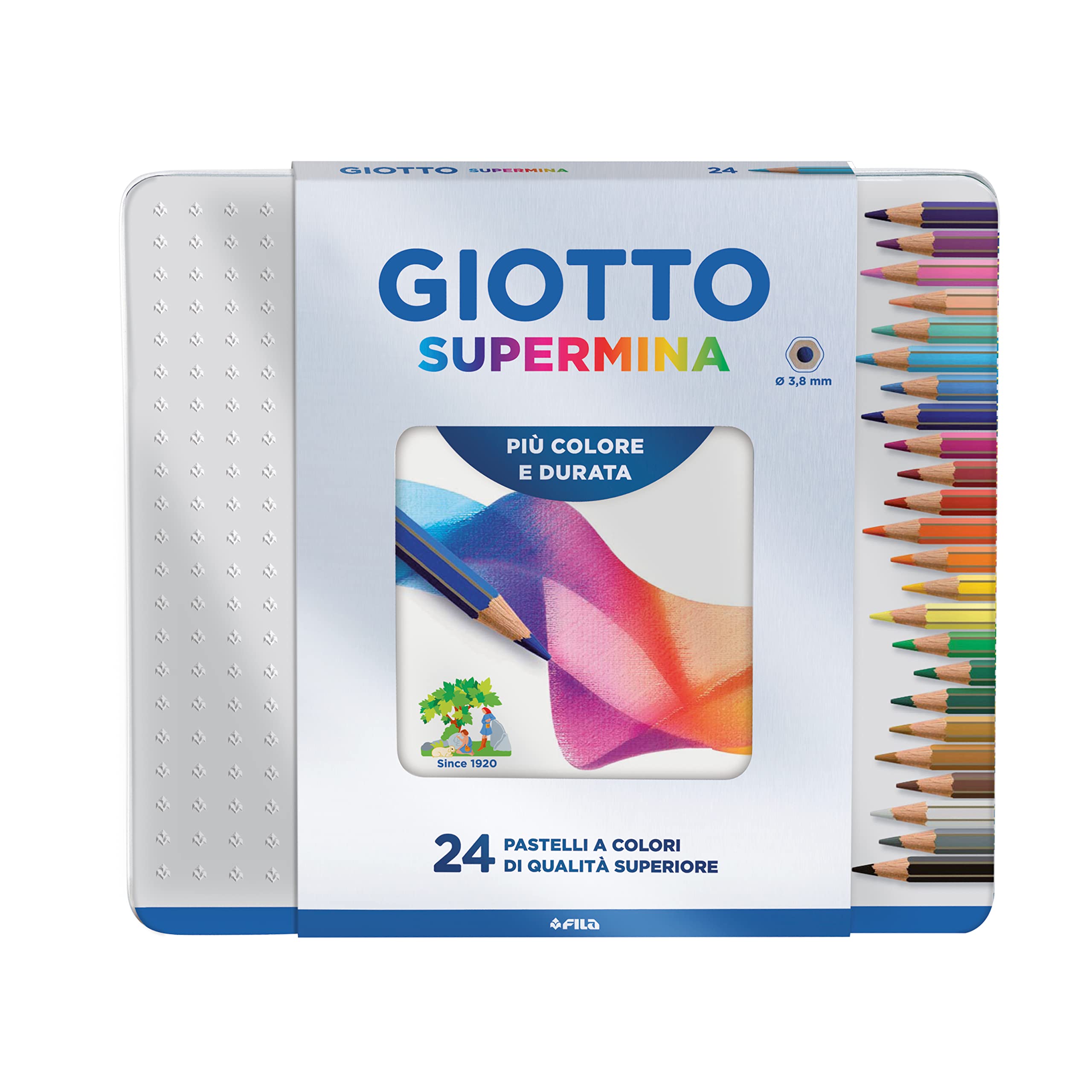 Giotto SUPERMINA – Metal Case with Colouring Pencils, with Extra Large Lead, 3.8 mm Diameter Metal case, 24 Units