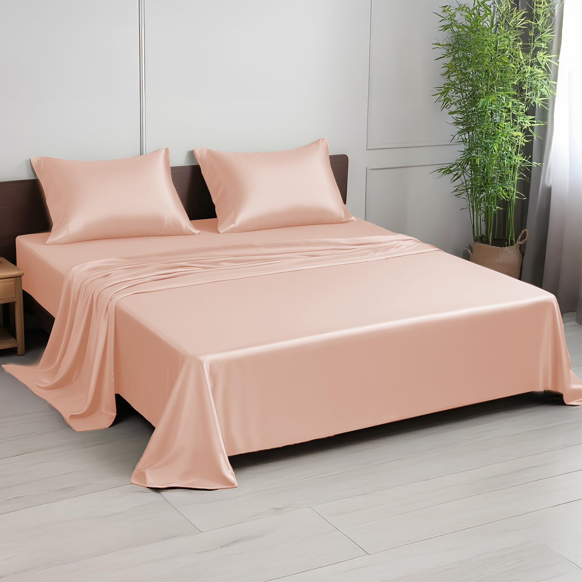 LINENWALAS Bamboo King Bedding Set, 300 Thread Count Cooling Sateen Weave Silk Sheets with 1 Fitted, 1 Flat & 2 Pillowcases (Rose Gold)